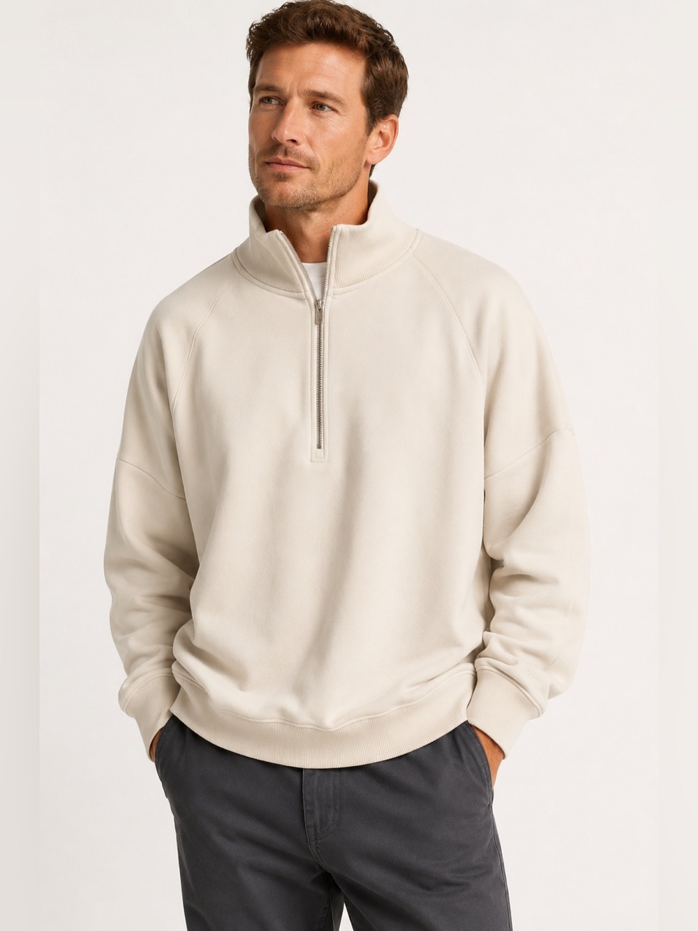 SALT Project Men’s XXL Cream Quarter Zip Oversized Pullover Sweatshirt